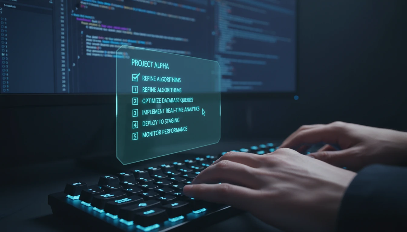 A close-up of a developer's hands on a modern keyboard, with a holographic checklist floating above it. The checklist items glow with a futuristic cyan light, and the background shows a blurred, dark-themed code editor on a large monitor. The mood is focused and strategic, with a cool color palette of deep blues, blacks, and vibrant cyan highlights, suggesting high-tech decision-making.