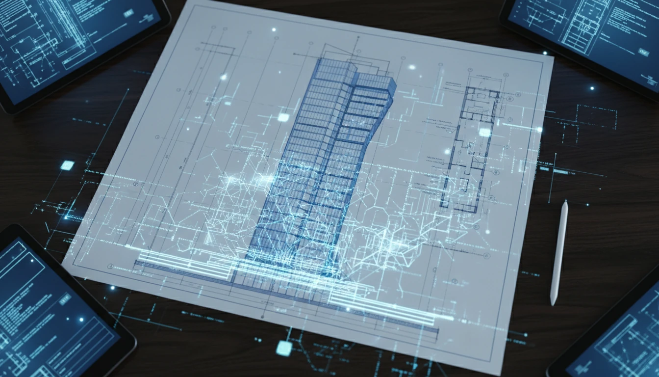 An architectural blueprint of a modern skyscraper is laid out on a dark wooden table. On top of the blueprint, glowing digital lines form a complex, multi-layered neural network, with the foundational layers corresponding to the skyscraper's base. The mood is one of serious planning and high-tech innovation, with a cool blue and white color palette.