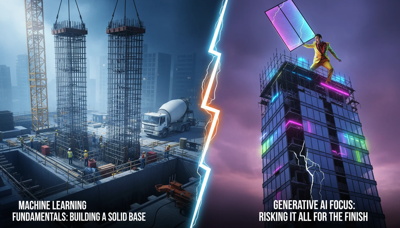 A split-screen image contrasting two career paths. On the left, a solid, well-lit skyscraper foundation being built with steel and concrete, symbolizing Machine Learning fundamentals. On the right, a person precariously placing the final glass pane on the penthouse of a shaky, incomplete building, representing a focus on only Generative AI. The mood is one of stark comparison: stability versus risk. The color palette is professional blues and grays for the solid foundation and flashy but unstable neons for the penthouse.