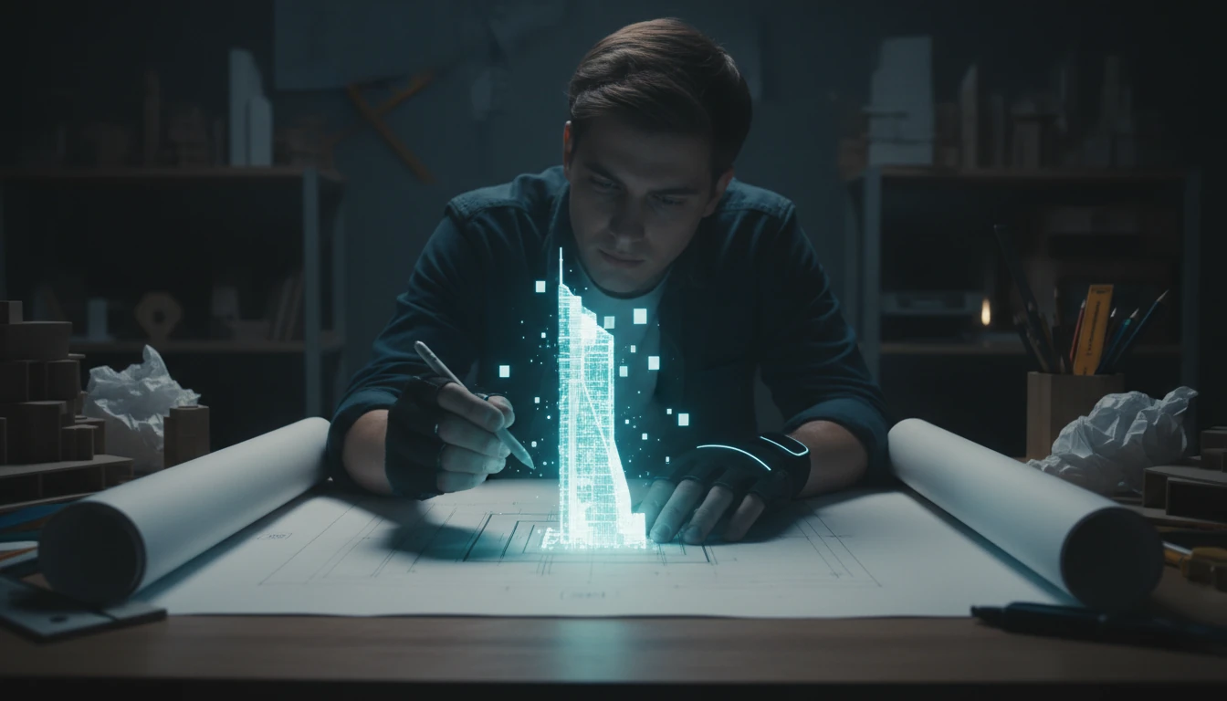 A student architect meticulously places the first glowing, digital bricks of a skyscraper's foundation onto a physical blueprint. The surrounding workshop is dim, cast in shadow, making the bright cyan and white light from the foundational blocks the central focus. The mood is one of intense concentration and forward-thinking creation, blending the tangible with the digital.