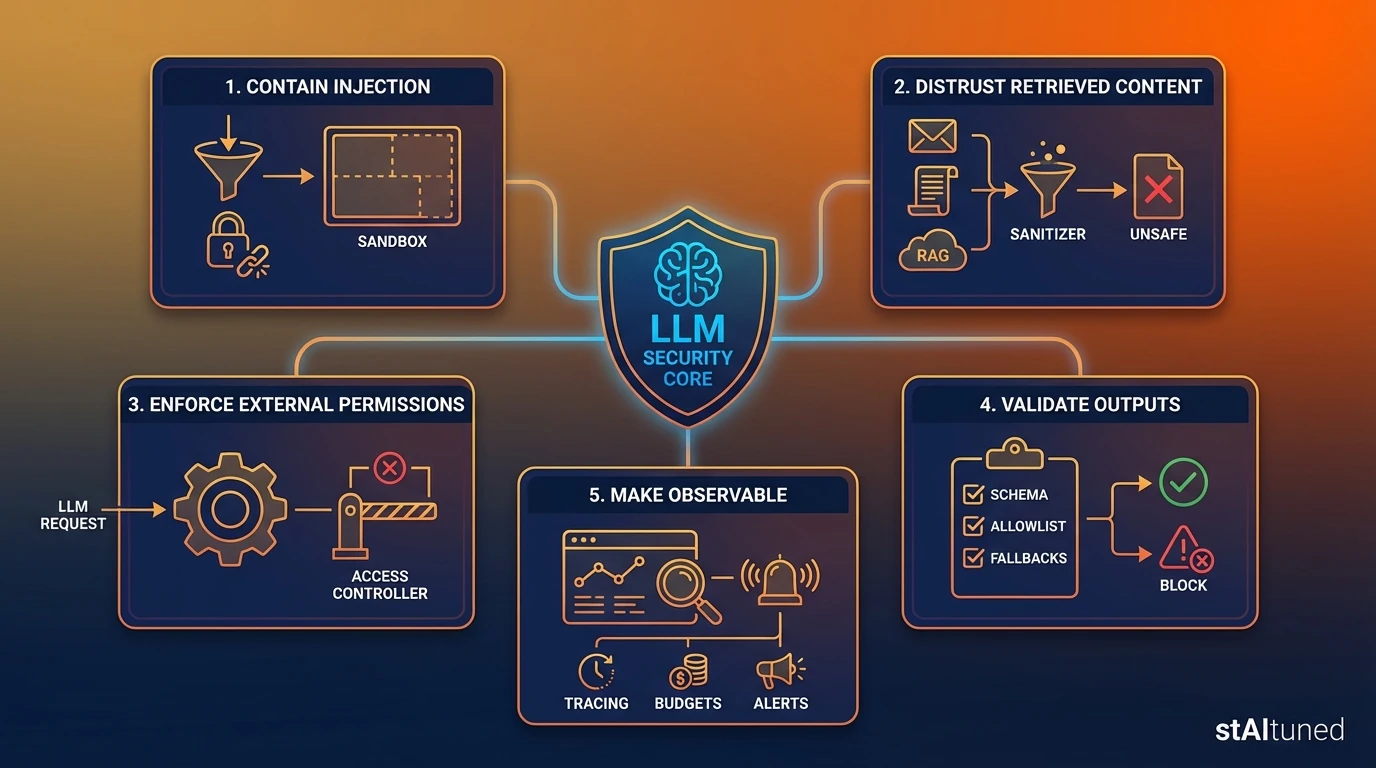 Five guardrails for production LLM security (containment, untrusted context, external permissions, output validation, observability)