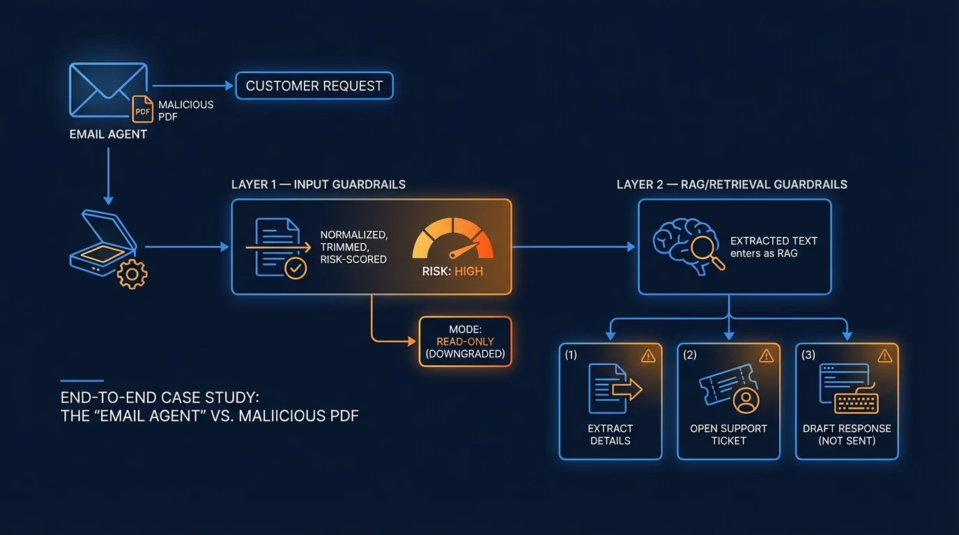 Case study: email agent processes a PDF safely using guardrails, tool gating, and observability