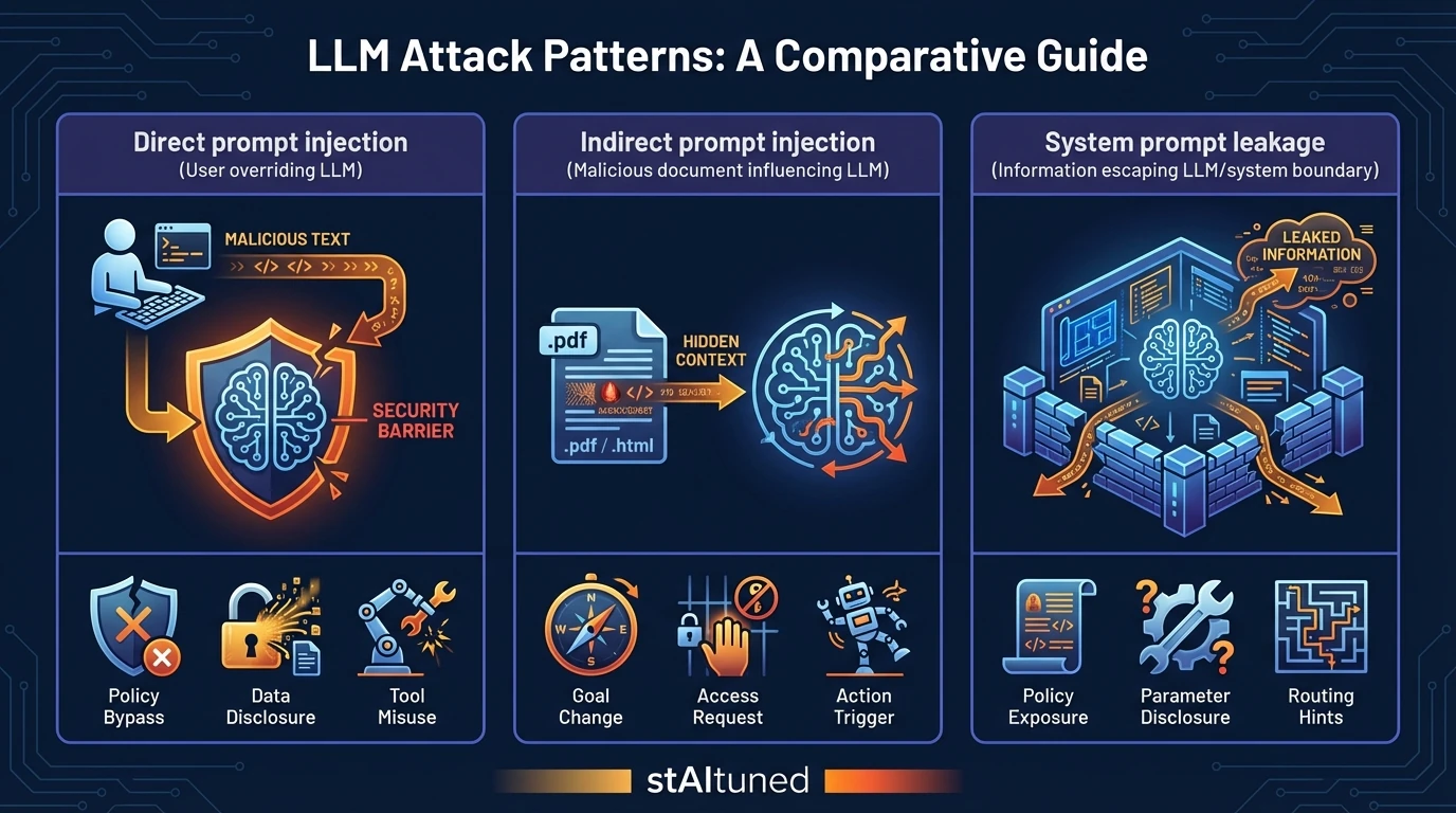 A three-panel visual comparison. Each panel represents a distinct attack pattern on a large language model (LLM). The first panel, 'Direct Prompt Injection', shows a human figure directly inputting malicious instructions into an LLM icon, bypassing a visible security barrier. Below, smaller icons depict a broken shield (policy bypass), an open lock revealing data (sensitive information disclosure), and a tool being misused. The second panel, 'Indirect Prompt Injection', shows a document icon (e.g., a web page or PDF) with hidden malicious symbols embedded within it, being fed as context into an LLM icon. The LLM then appears to be steered or manipulated by this hidden content, with smaller icons below showing a compass spinning erratically (model changing goals), a hand reaching for a forbidden key (requesting broader access), and a robot performing an unintended action. The third panel, 'System Prompt Leakage', depicts an LLM or system boundary icon with internal information, represented by glowing data streams or blueprint symbols, escaping or being extracted from it. Smaller icons below show a scroll with hidden rules (exposure of internal policies), a wrench and gear icon with question marks (disclosure of tool parameters), and a maze or map revealing hidden paths (hints about routing logic). The overall design emphasizes the distinct methods and consequences of each attack.