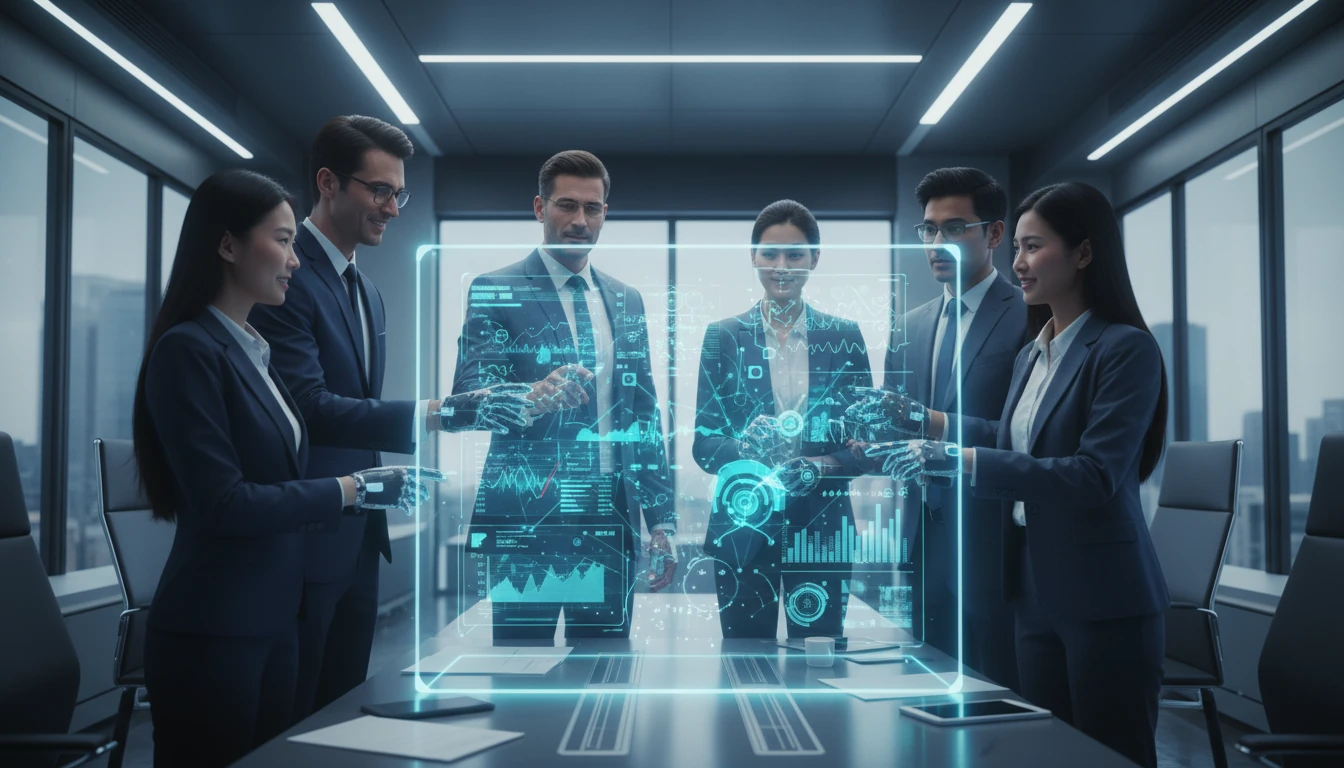 A diverse group of professionals are gathered around a futuristic, holographic interface in a modern office. The mood is collaborative and focused, with individuals pointing at glowing data visualizations and abstract network graphs. The style is sleek and slightly stylized, with a cool color palette of blues, teals, and whites, accented by bright digital highlights.