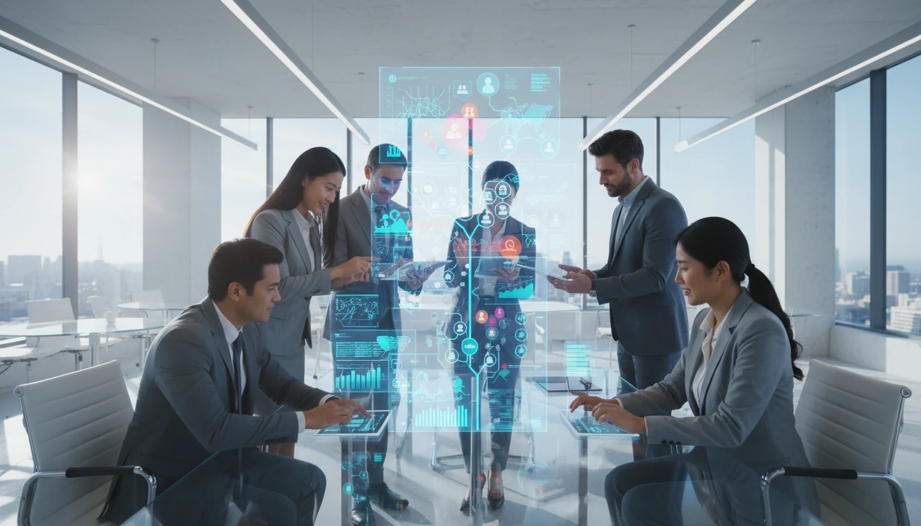 A diverse team of business professionals collaborates around a futuristic, holographic interface in a bright, modern office. The mood is energetic and focused, with data visualizations and skill trees projected in the air. The style is sleek and photorealistic, with a color palette dominated by cool blues, whites, and vibrant accent colors from the holograms.
