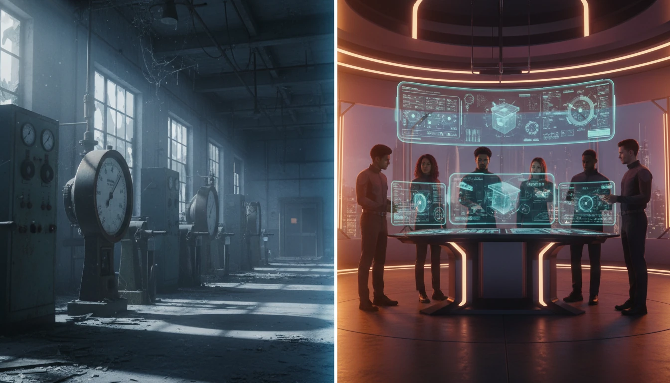 A split-screen image. On the left, a dusty, abandoned factory with analog dials and levers, representing obsolete skills. On the right, a bright, modern control room with glowing holographic interfaces and a diverse team collaborating, symbolizing a future-proof workforce. The mood is a stark contrast between stagnation and innovation, with a cool blue and gray palette on the left and a warm, vibrant palette on the right.