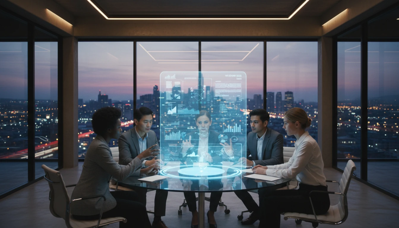 A diverse group of business professionals collaborates around a glowing blue holographic interface displaying complex data charts in a sleek, modern office. Outside the large windows, the city lights of dusk are visible. The mood is focused, innovative, and optimistic, capturing the essence of future-proofing a workforce. The style is photorealistic with a subtle futuristic flair, using a palette of cool blues, crisp whites, and warm interior lighting.