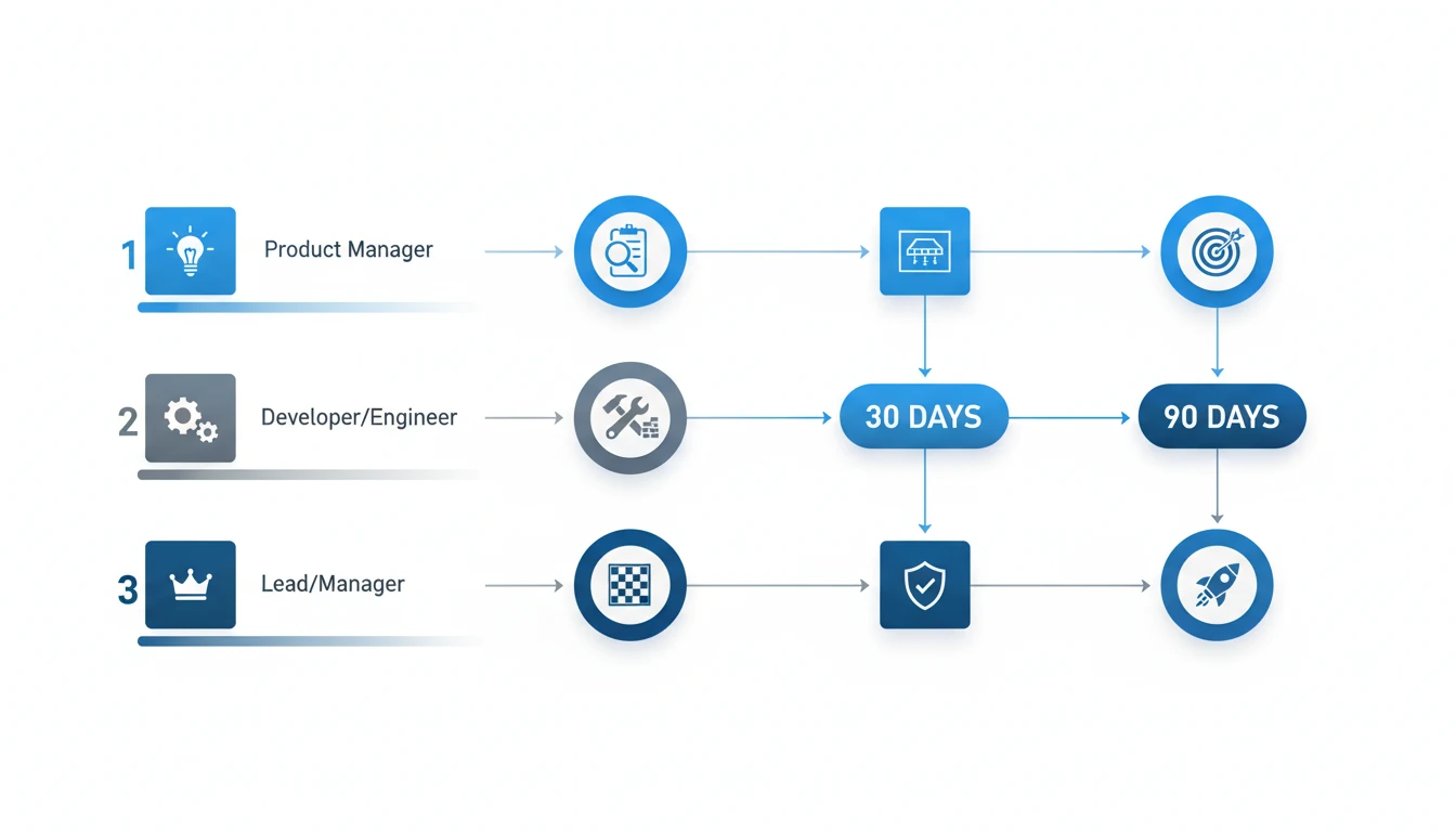 A visual mind map illustrating a 30-60-90 day playbook for adopting Generative AI. It shows three distinct phases: 'Foundation', 'Prototyping', and 'Refinement', each with icons representing the key tasks for Product Managers, Developers, and Leads.
