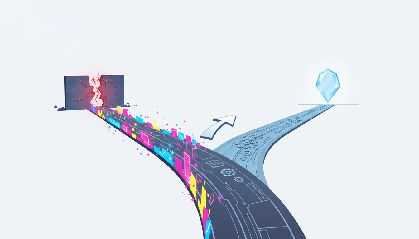 An abstract image depicting a crossroads. One path is flashy and labeled 'Magic AI', leading to a dead end. The other path is paved and structured, labeled 'Engineered Reliability', leading to a futuristic city.