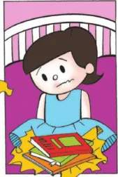 Imagem de Nina com os livros que ganhou de presente. Ela está com expressão de tristeza.