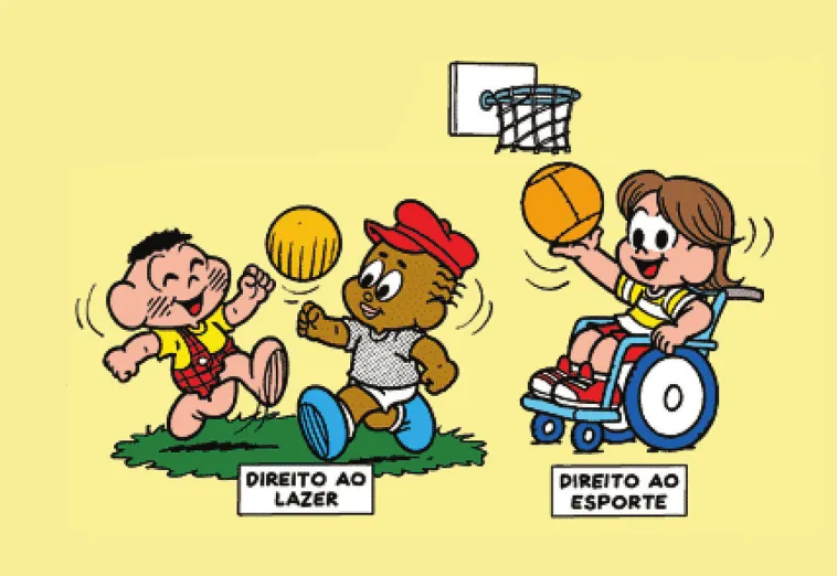 Imagem de um trecho de uma história em quadrinhos da Turma da Mônica. Q40: 'Direito ao esporte': Luca joga basquete. 'Direito ao lazer': Cascão e Jeremias jogam bola.
