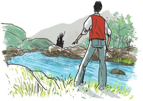 Imagem de um homem em pé na beira de um rio.