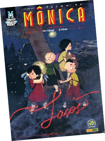 Imagem da capa do livro 'Turma da Mônica: Laços'. Ao centro, há uma árvore. Cercando a árvore há quatro crianças: uma menina de vestido amarelo e cabelos pretos, um menino com poucos fios de cabelo, camiseta verde e bermuda preta, um menino de cabelo preto, camiseta amarela e bermuda vermelha e uma menina de cabelos pretos, vestido vermelho, com um coelho de pelúcia azul. Na parte inferior da página está a palavra Laços, em vermelho, com uma caligrafia que imita um fio. Há ainda o nome dos autores e das editoras.