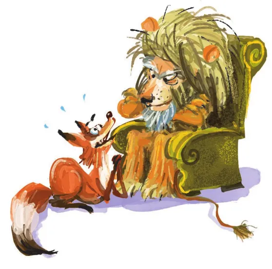 Imagem de um leão e uma raposa. O leão está sentado em um trono, de braços cruzados e com expressão zangada. A raposa, diante dele, suplica com as patas dianteiras unidas.