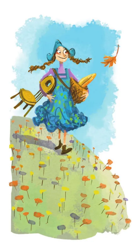 Imagem de uma menina descendo um morro. Ela segura uma cadeira e uma cesta.