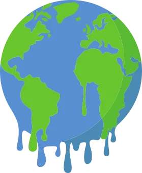 Imagem do globo terrestre com oceanos e continentes derretendo.