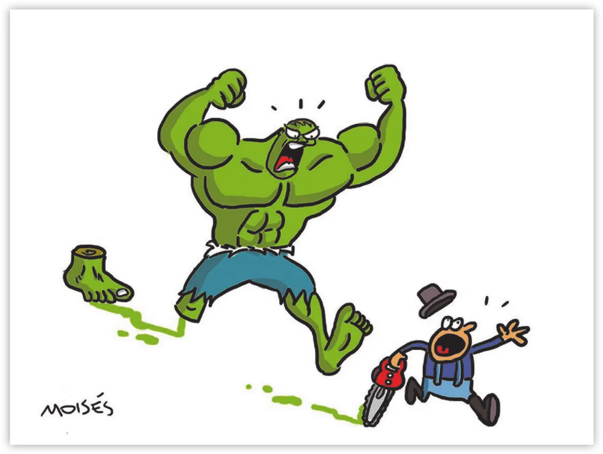 Cartum com o personagem Hulk. Com expressão de raiva, ele ergue os braços e corre atrás de um homem que segura uma serra elétrica. O pé direito de Hulk foi amputado.