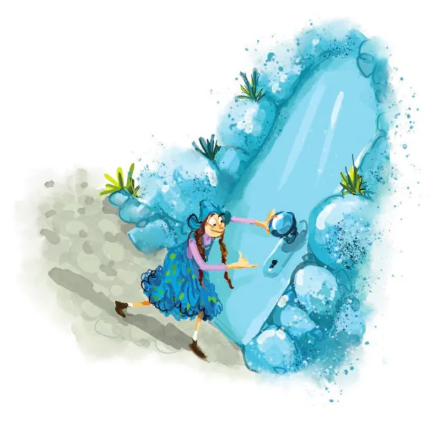 Imagem de uma menina abrindo a porta de uma casa de pedra em uma montanha. Ela segura a maçaneta da porta com a mão esquerda e está aproximando o dedo mínimo da mão direita no buraco da fechadura.