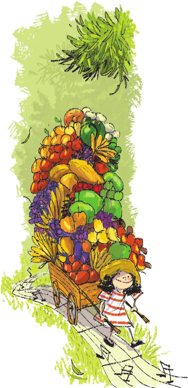 Imagem da menina da imagem anterior sorrindo enquanto puxa uma carroça com uma pilha enorme de diversas frutas. Ela segue sobre um caminho feito de pauta musical com notas.