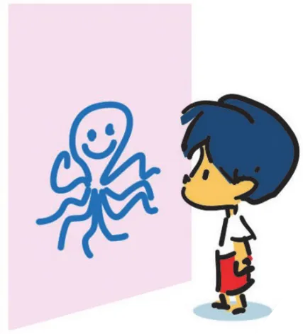 Imagem do personagem Armandinho diante de um desenho de polvo na parede.