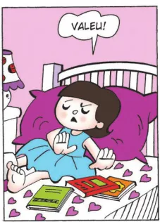 Imagem de um trecho de uma história em quadrinhos do Lúcio. Q8: Nina rejeita os livros e diz: 'Valeu!' Ela está com expressão zangada e afasta os livros com as mãos.