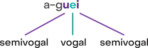 Imagem da palavra aguei separada em duas sílabas: a; guei. Na sílaba guei, u é semivogal, e é vogal, i é semivogal.