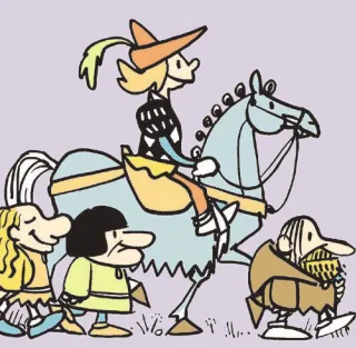 Imagem de um príncipe andando a cavalo. Três pessoas o acompanham a pé.