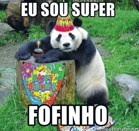 Imagem de meme com um panda usando chapéu de aniversário. Ao redor dele, está escrito: Eu sou super fofinho.