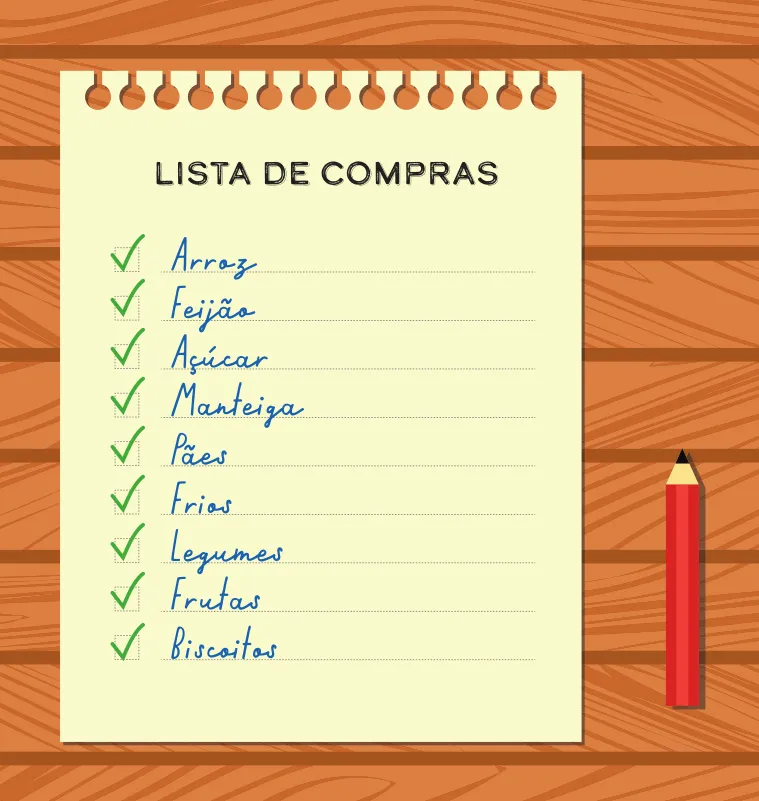 Imagem de lista de compras com os seguintes itens: arroz, feijão, açúcar, manteiga, pães, frios, legumes, frutas, biscoitos.