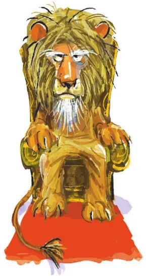 Imagem de um leão sentado em um trono.