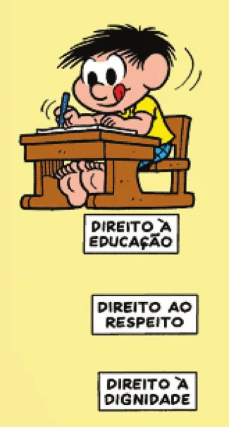 Imagem de um trecho de uma história em quadrinhos da Turma da Mônica. Q40: 'Direito à educação, direito ao respeito, direito à dignidade': Chico Bento está sentado em uma carteira escolar e escreve em um caderno.