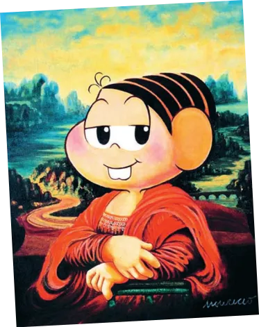 Imagem de releitura de um quadro com a personagem Mônica. Ela usa vestido de mangas compridas e está sentada, com o braço esquerdo apoiado sobre o braço da cadeira e as mãos sobrepostas.