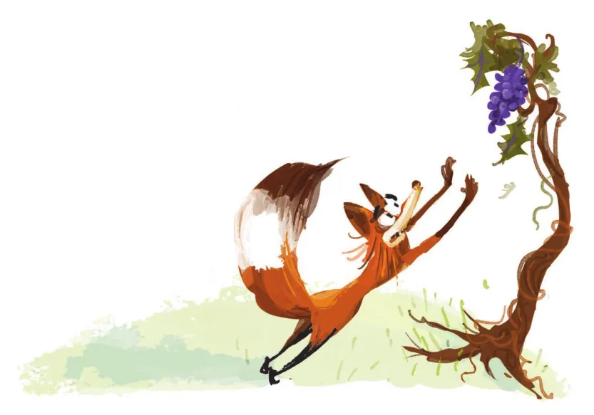 Imagem de uma raposa em pé, estendendo as patas para pegar um cacho de uvas no alto de uma parreira.