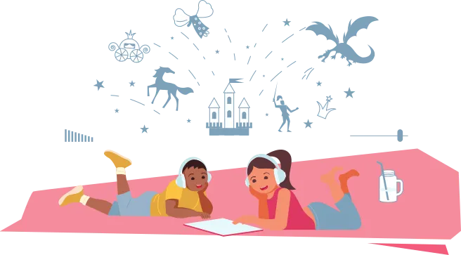 Imagem de duas crianças deitadas de bruços, lendo um livro. Ambas usam fones de ouvido. Acima delas, há figuras de estrelas, castelo, dragão, cavalo, soldado, carruagem, fada e coroa.