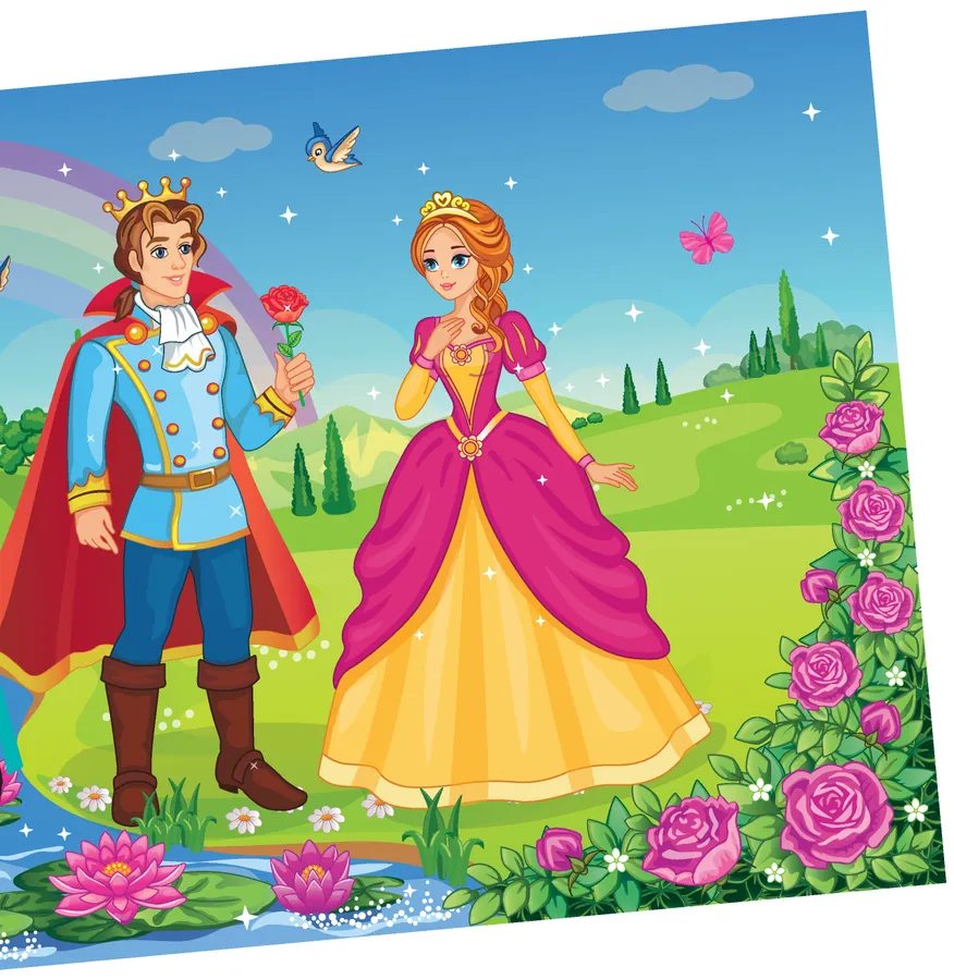 Imagem de príncipe e princesa em um campo florido. O príncipe oferece uma rosa para a princesa.