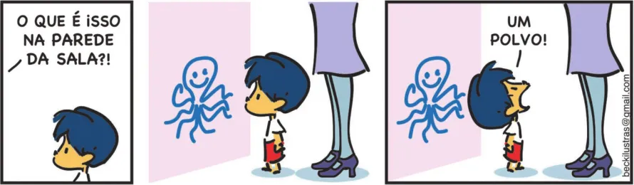 Tirinha do Armandinho com três quadros. Q1: Armandinho está de perfil, voltado para o lado esquerdo. De longe, alguém pergunta: 'O que é isso na parede da sala?' Q2: Armandinho continua na mesma posição, em frente ao desenho de um polvo na parede. A mãe de Armandinho está em pé, atrás dele. Q3: Armandinho se vira para a mãe dele e diz: 'Um polvo!'