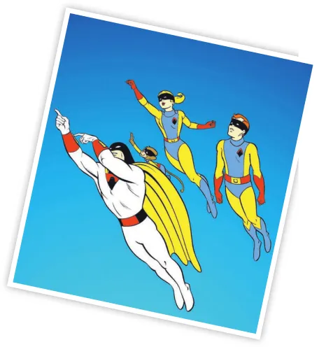 Imagem de quatro super-heróis voando. Um deles é um macaco.