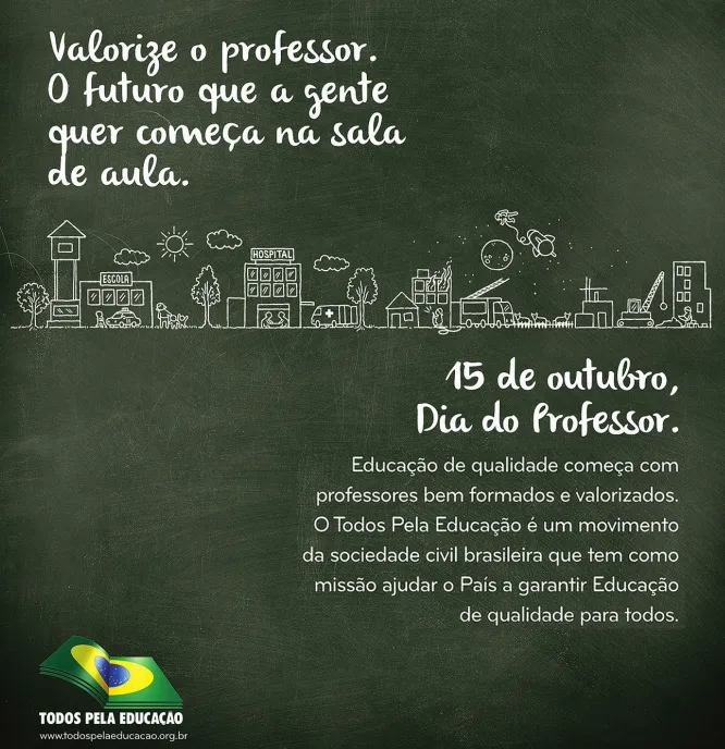 Imagem de cartaz sobre o dia do professor. O cartaz contém o seguinte texto: Valorize o professor. O futuro que a gente quer começa na sala de aula. 15 de outubro. Dia do Professor. Educação de qualidade começa com professores bem formados e valorizados. O Todos pela Educação é um movimento da sociedade civil brasileira que tem como missão ajudar o País a garantir Educação de qualidade para todos.