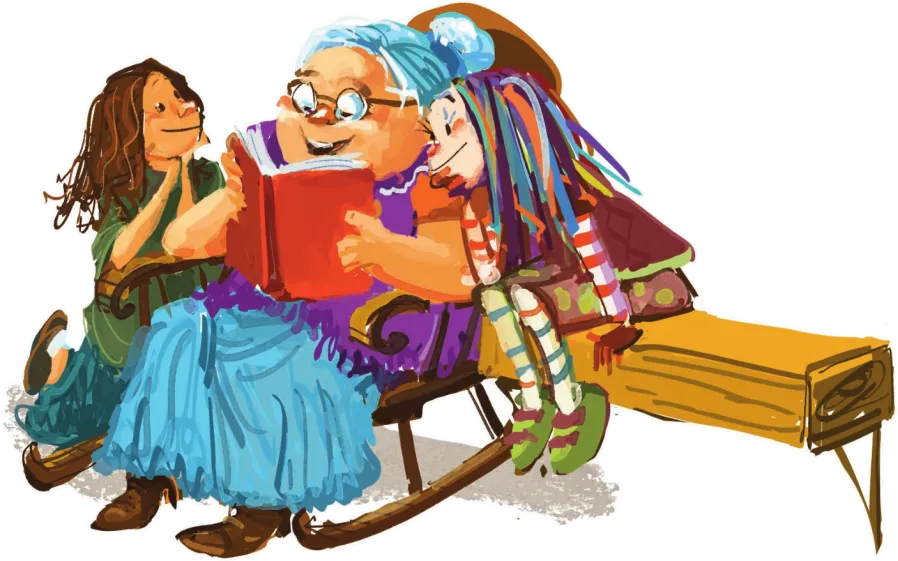 Imagem de Dona Benta lendo um livro para Emília e Narizinho. Dona Benta está sentada em uma cadeira de balanço.