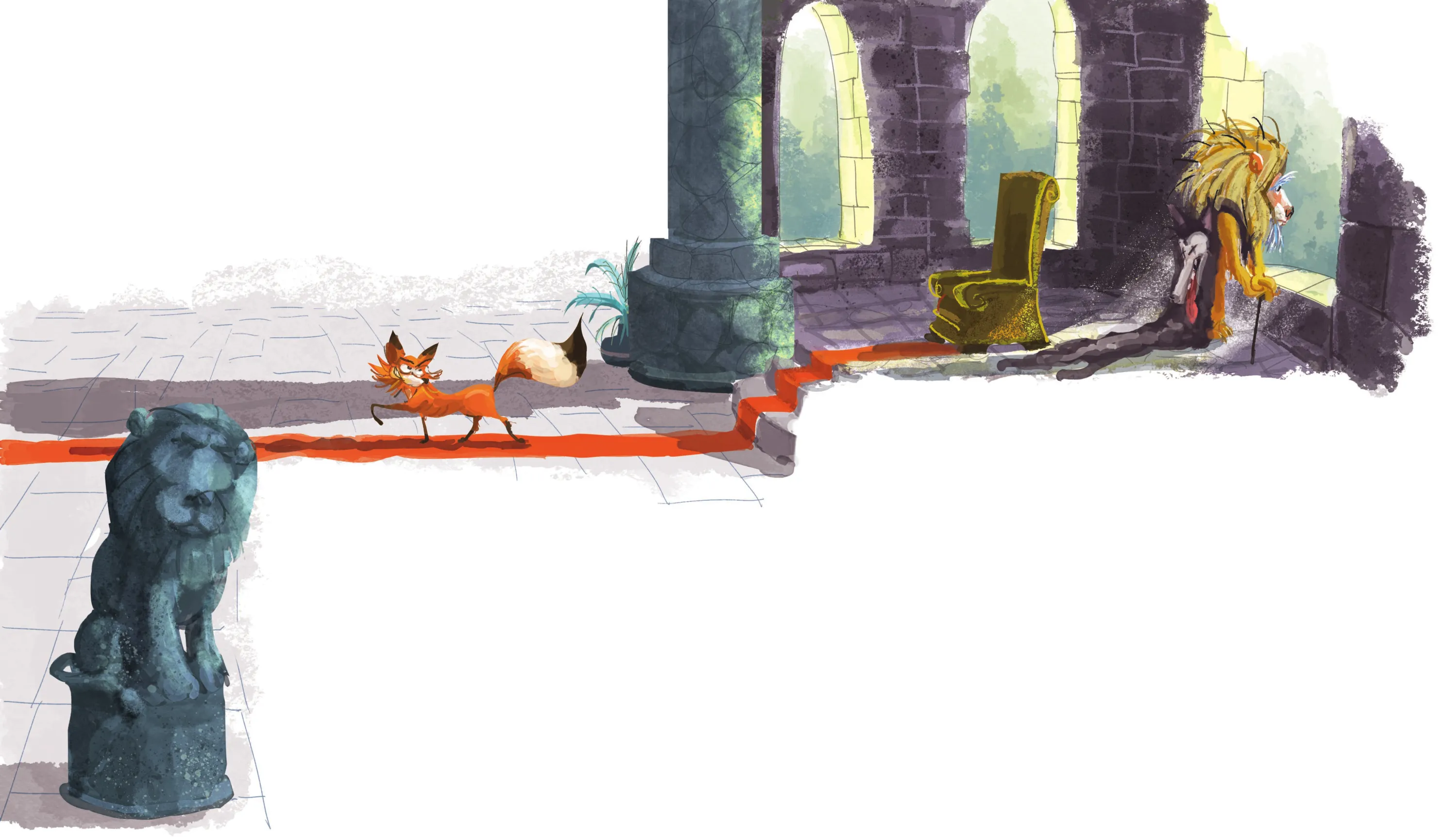 Imagem de um leão e uma raposa no salão de um castelo. O leão, em frente a uma janela, está com expressão triste, usa uma pele de lobo e se apoia em uma bengala. A raposa se afasta do leão com expressão de malícia.