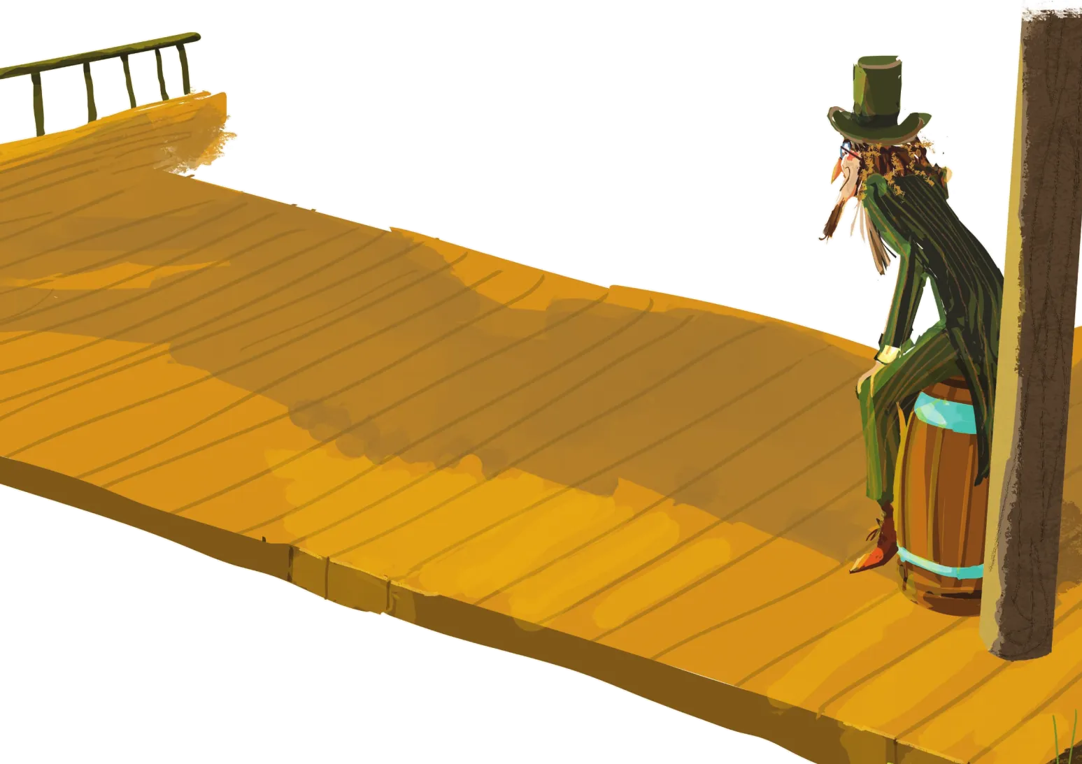 Imagem de Visconde de Sabugosa sentado em um barril. Ele possui cabelos enrolados e cavanhaque, está de óculos e usa roupas feitas de palha de milho.