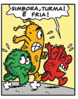 Imagem de trecho da história em quadrinhos da Turma da Mônica. Q32: Bactérias e vírus correm, assustados. Um deles, com os olhos fechados e os braços erguidos, grita: 'Simbora, turma! É fria!' Os outros dois personagens estão com os olhos arregalados. Todos estão suados e, ao correrem, levantam poeira do chão.