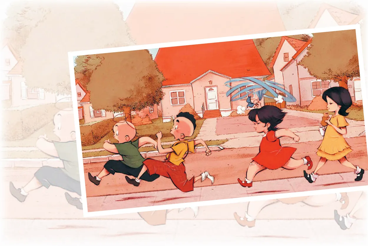 Imagem de personagens da Turma da Mônica. Mônica gira seu coelho de pelúcia acima da cabeça e corre atrás de Cascão e Cebolinha. Magali, atrás de Mônica, caminha tranquilamente enquanto come um pãozinho.