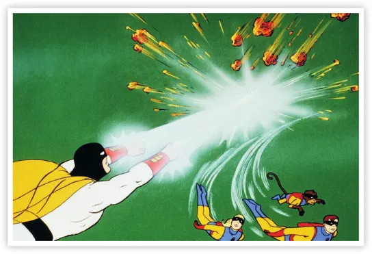 Imagem de quatro super-heróis voando. Um deles irradia poder pelas mãos e atinge meteoritos.