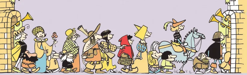 Imagem de diversos personagens de contos infantis entrando pelo portão de um castelo.