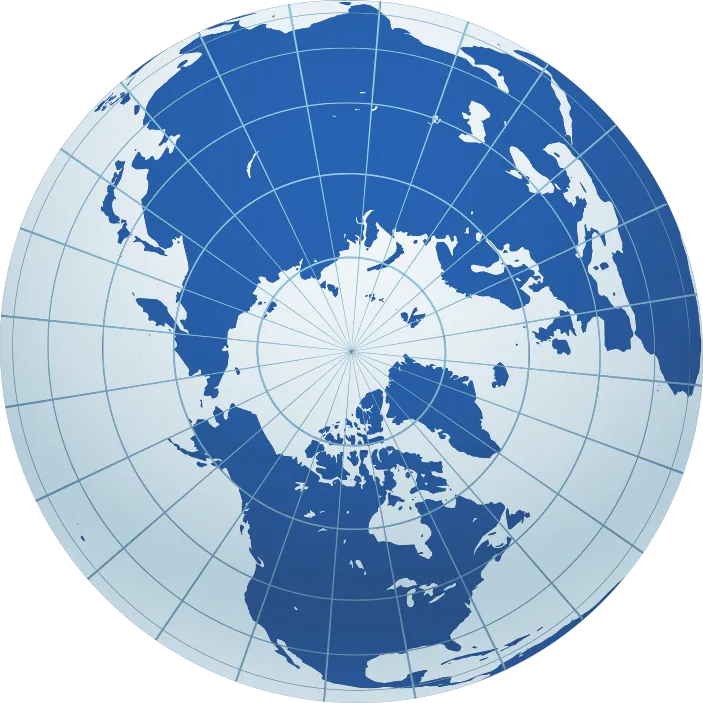 Imagem de projeção do planisfério terrestre com o polo norte ao centro. Estão representados os paralelos e os meridianos da Terra.