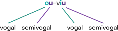 Imagem da palavra ouviu separada em duas sílabas: ou; viu. Na sílaba ou, o é vogal, u é semivogal. Na sílaba viu, i é vogal, u é semivogal.
