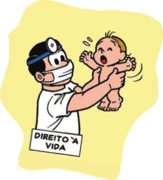 Imagem de um trecho da história em quadrinhos da Turma da Mônica. Q40: 'Direito à vida': um médico examina um bebê.