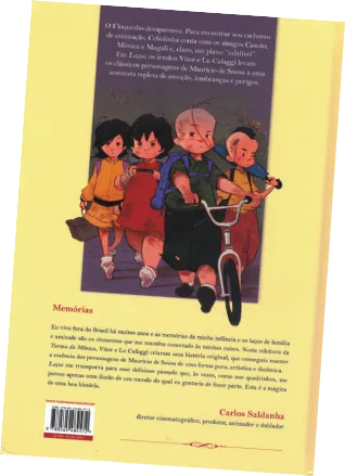 Imagem da quarta capa do livro 'Turma da Mônica: Laços'. Na parte superior há um breve resumo da obra, ao centro outra ilustração das quatro crianças presentes na capa. Há ainda o código de barras e outras informações sobre a obra.