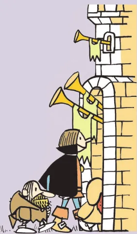 Imagem de pessoas entrando pelo portão de um castelo.